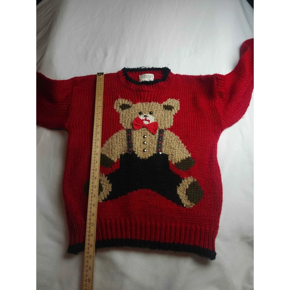 Vintage Heidi Hand Knitted Teddy Bear Sweater Red Bow Tie Acrylic Mens Medium